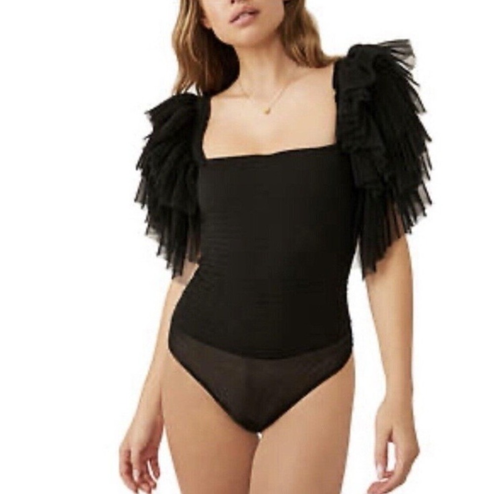 Free People Intimately Kill the Lights Bodysuit Black Tulle Ruffle Sleeve‎ Small